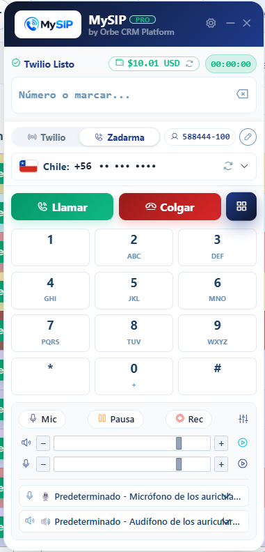 Interfaz Real del Softphone MySIP PRO en Orbe CRM